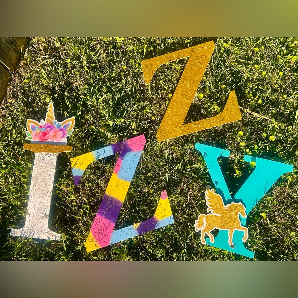 Unicorn theme hand painted letters for wall name colorful glitter